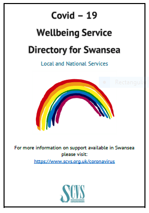 Image of front page of Covid 19 Wellbeing directory, local and national services. Image of a rainbow in the centre.
